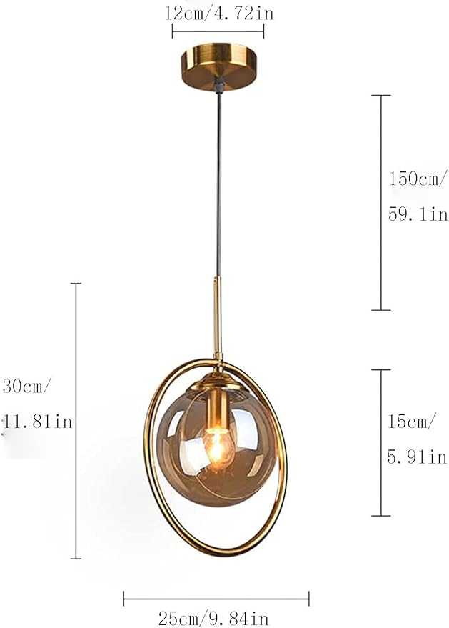 Pendant Light Modern Minimalist Hanging Lamp with Spherical Glass Shade and Brass Metal Ring Adjustable Height for Dining Room Bedroom Living Room (Amber)