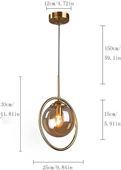 Pendant Light Modern Minimalist Hanging Lamp with Spherical Glass Shade and Brass Metal Ring Adjustable Height for Dining Room Bedroom Living Room (Amber)