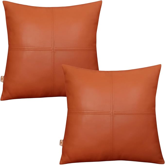 Lambskin Leather Pillow Cover, Hand Panel Stitched Leather Decorative Throw Pillow Covers for Couch Sofa Bed Living Room Garden (16x16 Inches, Tan Plain Pack of 2)