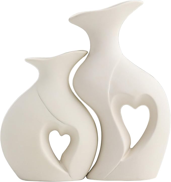 Ceramic Vase - 2 Piece Heart-Shaped Modern Home Decor, Aesthetic Table Centerpiece, Handcrafted Flower Vase Set, Matte White Wedding & Gift, Shelf Sculpture