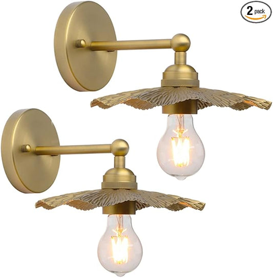 Pathson Set of 2 Metal Wall Sconce Brass Finished, Split Flower Design Wall Lamp Fixture, Home Decor Art Wall Light Hardwired Farmhouse Lighting for Living Room Hallway Bedside