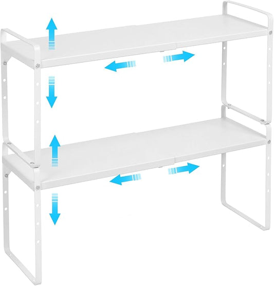 Set of 2 Expandable Cabinet Shelf Organizer, Stackable Kitchen Countertop Shelves Spice Racks, Small Storage Shelf For Cupboard Counter Tabletop, 30 LBS Heavy Duty, Adjustable, 13.8" to 21.6" Long