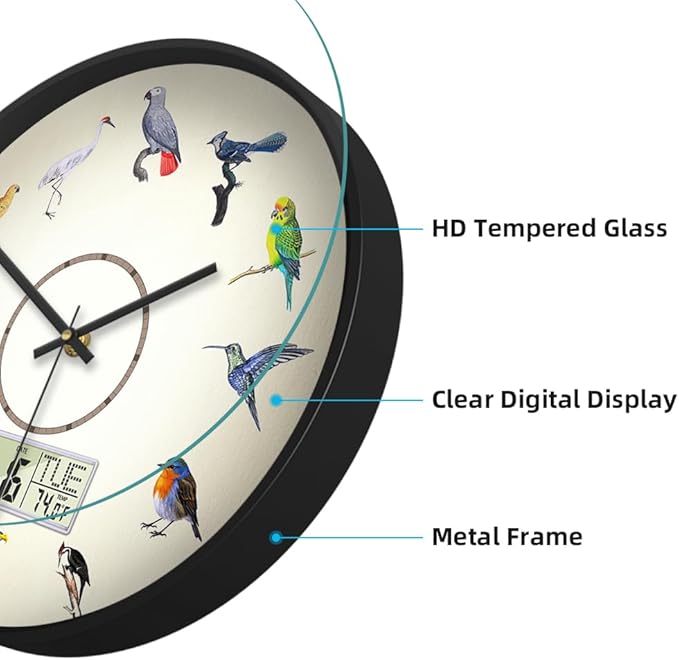 Silent Modern Digital Clock with Week and Date Temperature Funny Birds Large Display Clock Battery Operated LCD Wall Clocks Non-Ticking Clocks for Bathroom Kitchen Living Room Decor 14 Inch