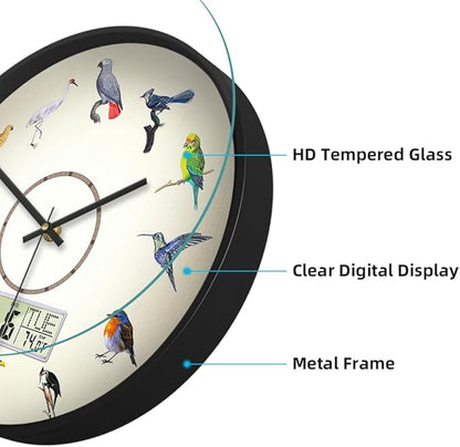 Silent Modern Digital Clock with Week and Date Temperature Funny Birds Large Display Clock Battery Operated LCD Wall Clocks Non-Ticking Clocks for Bathroom Kitchen Living Room Decor 14 Inch