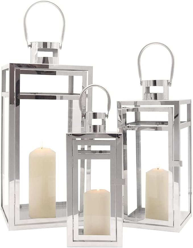 TRIROCKS Stainless Steel Lantern Set of 3, 19" Tall Metal Hanging Lanterns with Clear Glass Panels, Indoor & Outdoor Home Decor for Living Room, Tabletop, Parties & Events - Silver Finish