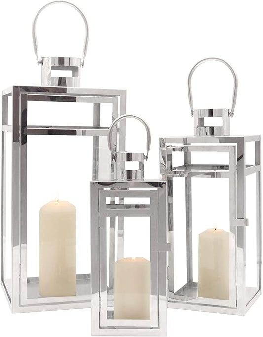 TRIROCKS Stainless Steel Lantern Set of 3, 19" Tall Metal Hanging Lanterns with Clear Glass Panels, Indoor & Outdoor Home Decor for Living Room, Tabletop, Parties & Events - Silver Finish