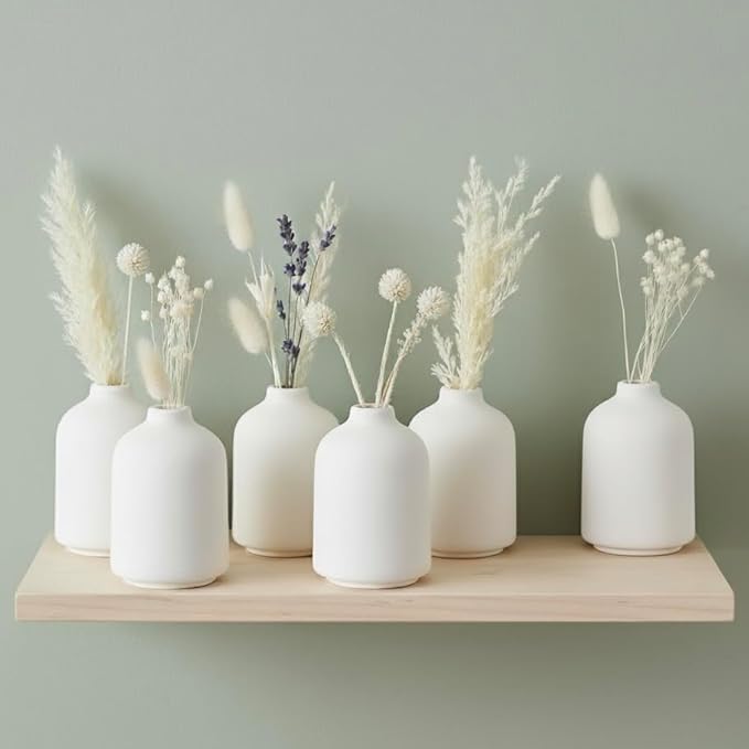 Carrot's Den - Set of 6 White Mini Ceramic Vases for Home Decor | Boho Bud Vases in Bulk for Dry Flowers + House Plants | Wedding, Home, Centerpiece, Modern, Japandi, Farmhouse, Minimalist