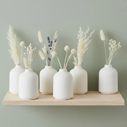 Carrot's Den - Set of 6 White Mini Ceramic Vases for Home Decor | Boho Bud Vases in Bulk for Dry Flowers + House Plants | Wedding, Home, Centerpiece, Modern, Japandi, Farmhouse, Minimalist