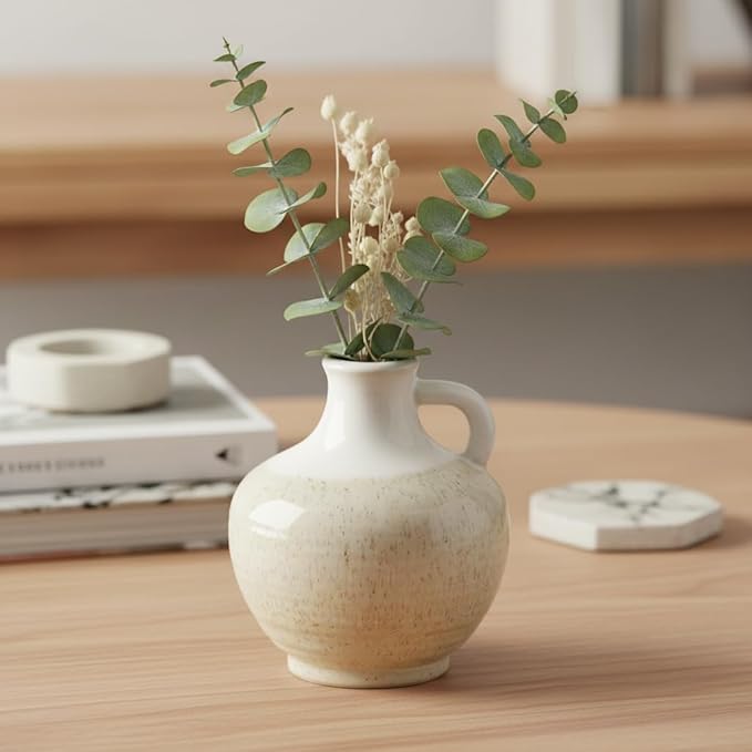 Sunddo Beige Ceramic Vase - 6 Inch Small Modern Vase with 1 Handles, Pitcher Farmhouse Vases Home Decor, Neutral Beige Centerpiece for Living Room Bedroom Table and Kitchen Shelf Decorative