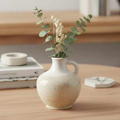Sunddo Beige Ceramic Vase - 6 Inch Small Modern Vase with 1 Handles, Pitcher Farmhouse Vases Home Decor, Neutral Beige Centerpiece for Living Room Bedroom Table and Kitchen Shelf Decorative
