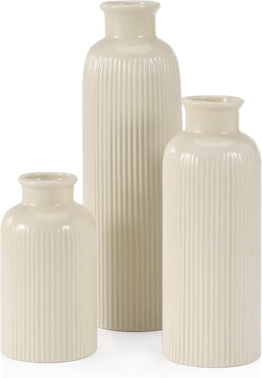 Small Beige Ceramic Vase Set of 3, Boho Modern Beige Flower Vase Room Decor, Farmhouse Decor, Vases for Your Kitchen, Bathroom, Bedroom, Living Room, Office&Shelf Centerpiece Table Decorations