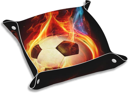 Valet Tray Gifts for Men Husband Boyfriend Boys – Catchall Bedside Vanity Tray, Nightstand Caddy Leather Holder for Keys, Wallet, Coins, Trinkets & Jewelry Cool Fire Soccer 030