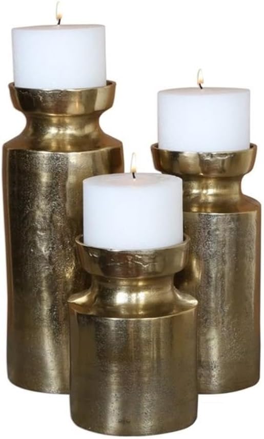 Bowery Hill Modern Candleholder Set, Cast Aluminum with Antique Brass Finish, Includes 3 White Candles, Textured Design, Decorative Candle Holders for Home Décor or Living Room Display