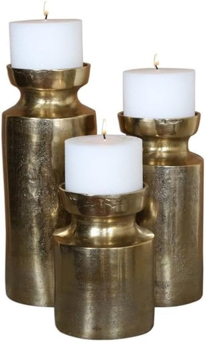 Bowery Hill Modern Candleholder Set, Cast Aluminum with Antique Brass Finish, Includes 3 White Candles, Textured Design, Decorative Candle Holders for Home Décor or Living Room Display