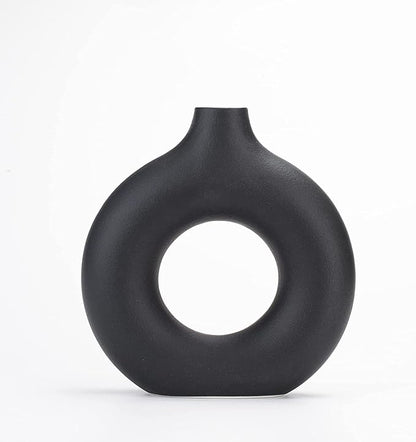 CEMABT Black Donut Vase Hollow Ceramic Vase for Flowers Handmade Minimalist Boho ins Style Modern Home Decor for Wedding Dinner Table Party Living Room Office Bedroom（M