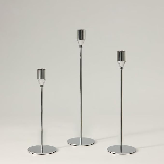 Solid Taper Candle Holders Set of 3, Luxury Silver Long Skinny Candlestick (Heights: 9/11/13 Inch), Heavy Iron Anti-Slip Base for Fireplace Mantle Table Centerpiece Dining Decor
