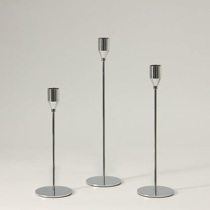 Solid Taper Candle Holders Set of 3, Luxury Silver Long Skinny Candlestick (Heights: 9/11/13 Inch), Heavy Iron Anti-Slip Base for Fireplace Mantle Table Centerpiece Dining Decor