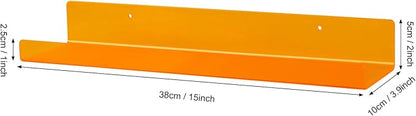 Dezzer 6 Pack Acrylic Shelves for Wall, 15" Acrylic Floating Shelves for Bathroom Bedroom, Invisible Bookshelf Wall Ledge Storage Shelf Books Perfume Toys Action Figure Display Shelves, Clear Orange