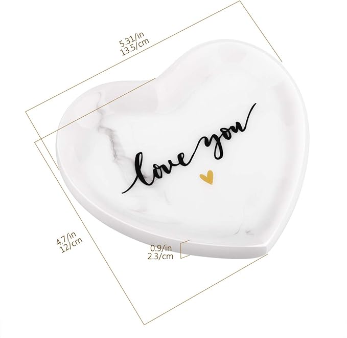 Emibele Jewelry Tray Dish, Heart Shaped Ring Dish Decorative Trinket Plate with Words - Love You Romantic Gifts for Her Mom Daughter Sister Best Friend, White Marble