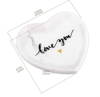 Emibele Jewelry Tray Dish, Heart Shaped Ring Dish Decorative Trinket Plate with Words - Love You Romantic Gifts for Her Mom Daughter Sister Best Friend, White Marble