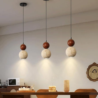 Modern Minimalist Nordic Lighting Fixture Spherical Travertine Walnut Wood Pendant Light Adjustable Hanging Lamp for Bedroom Bedside Dining Room Study