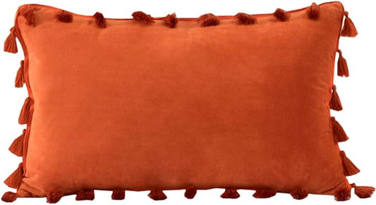 vctops Velvet Soft Solid Decorative Throw Pillow Cover with Tassels Boho Accent Cushion Case for Couch Bedroom Car Orange 12''x20''