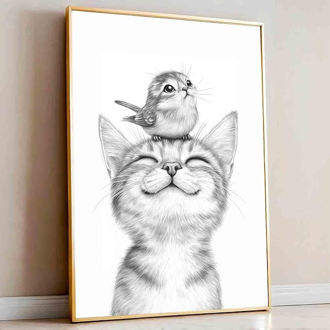 Sketch Bird Wall Art Cute Cat Poster Black And White Sketch Wall Art Black And White Cat Minimalist Animal Print Pets Painting Farmhouse Bird Pictures Animal Poster Living Room Decor 16x24in No Frame