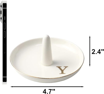 Ceramic Initials Jewelry Tray Ring Dish With Personalized Y-Monogrammed Engagement Wedding Gifts, for Birthday Mother's Day for Women, Ceramic White 4.7" x2.4"