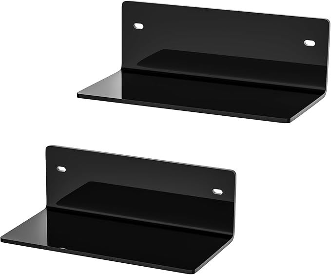Sezanrpt 8 Inch Black Small Wall Shelves, Acrylic Wall Mounting Ledges Display, Acrylic Black Shelf for Figures, Collectibles, Plants, Décor, Toiletries, 4'' Depth, 2 Pack
