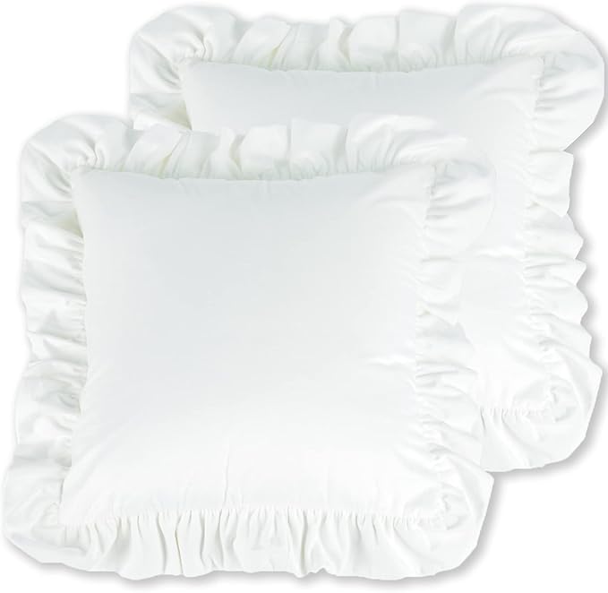Velvet Ruffle Throw Pillow Covers Couch, Set of 2 Decorative Pillowcases with Ruffles 20x20 Inch Solid Color Shabby Chic Farmhouse Cushion Cover for Living Room Sofa Bed, White