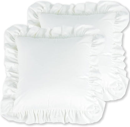 Velvet Ruffle Throw Pillow Covers Couch, Set of 2 Decorative Pillowcases with Ruffles 20x20 Inch Solid Color Shabby Chic Farmhouse Cushion Cover for Living Room Sofa Bed, White