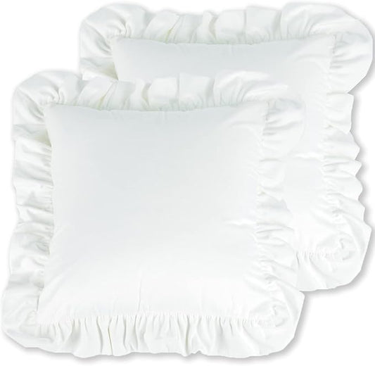 Velvet Ruffle Throw Pillow Covers Couch, Set of 2 Decorative Pillowcases with Ruffles 20x20 Inch Solid Color Shabby Chic Farmhouse Cushion Cover for Living Room Sofa Bed, White