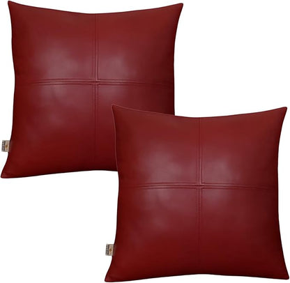 Lambskin Leather Pillow Cover, Hand Panel Stitched Leather Decorative Throw Pillow Covers for Couch Sofa Bed Living Room Garden (16x16 Inches, Reddish Brown Pack of 2)