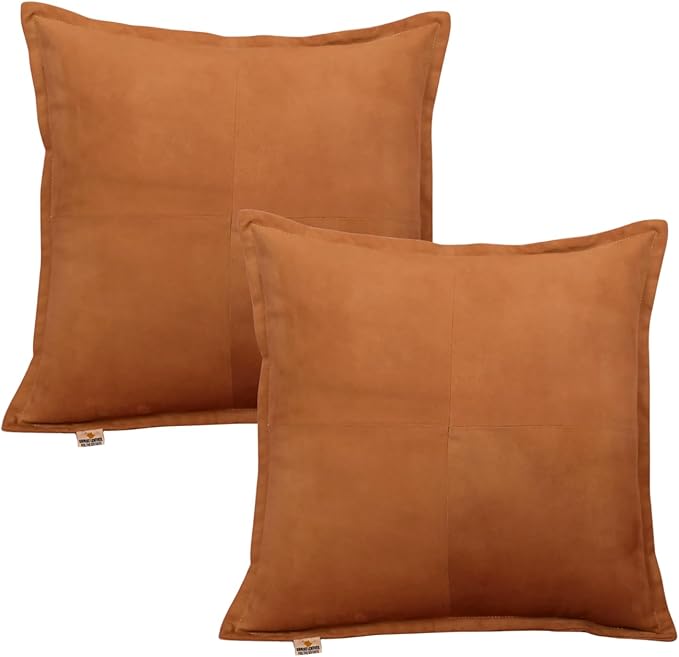 Genuine Suede Leather Pillow Cover, 16x16 Inch Case for Lumbar Throw Couch Pillows, Thick & Soft Cushion Covers for Sofa Bed Home Decor (Suede Tan Box Pack of 2)