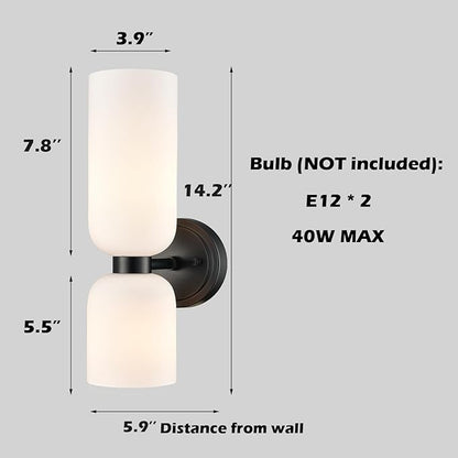 Black Wall Sconces Set of Two 2-Light Modern Wall Light Bathroom Vanity Light,Milky White Glass