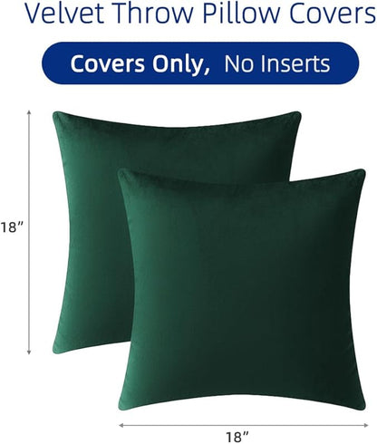 QUORGVES Green Velvet Pillow Covers 18x18 Inch Set of 2, Soft Solid Decorative Square Throw Pillow Covers, Decor Cushion Covers for Bed Sofa Couch Bedroom Living Room - Dark Forest Hunter Emerald