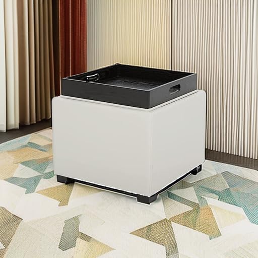 CHITA Storage Ottoman Cube with Tray Lid, Small Footstool with Storage, Square End Table for Living Room and Bedroom, Faux Leather in Light Gray
