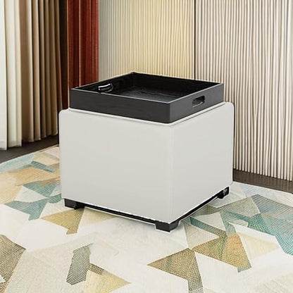 CHITA Storage Ottoman Cube with Tray Lid, Small Footstool with Storage, Square End Table for Living Room and Bedroom, Faux Leather in Light Gray