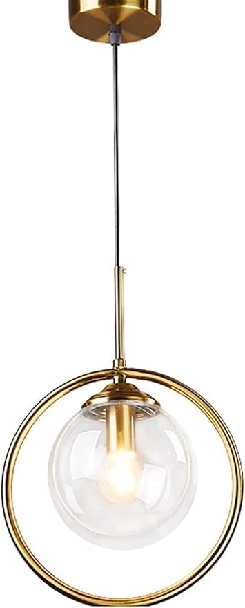 Pendant Light Modern Minimalist Hanging Lamp with Spherical Glass Shade and Brass Metal Ring Adjustable Height for Dining Room Bedroom Living Room (Clear)