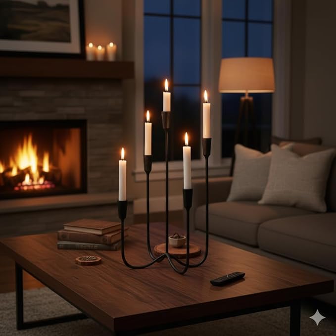 Candelabra for 5 Taper Candles – Hand-Forged Candle Holder with Elegant Vintage Finish – Decorative Centerpiece for Dining Room, Living Room or Mantel Decor（Black）
