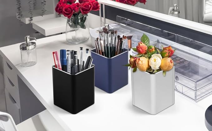 RQB Metal Pen Holder for Desk Square Aluminum Desktop Organizer and Makeup Brush Holder Storage Box for Office, School, Home, and Kids, Non-slip silicone 4×3.15inch-Gray