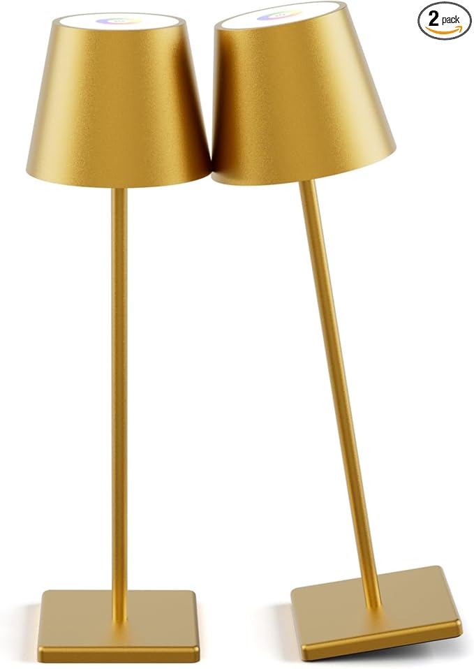2-Pack LED Cordless Table Lamp 3W 5500mAh Rechargeable Battery Operated Stepless Dimmable Portable Lamp for Restaurant, Bedroom, Outdoor (Gold)