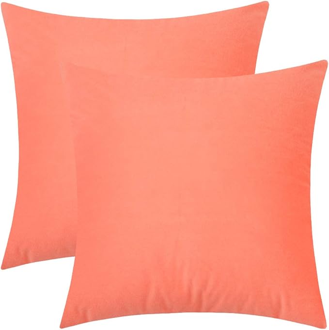 Set of 2 Comfortable Throw Pillow Cover for Bedding, Decorative Accent Cushion Sham Case for Couch Sofa, Soft Solid Velvet with Zipper Hidden - 18"x18", Living Coral