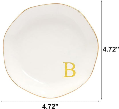 Ceramic Jewelry Tray Initial Ring Dish Personalized B-Monogrammed Engagement Wedding Gifts, for Birthday Mother's Day Christmas for Women, Ceramic White 4.75" (B)