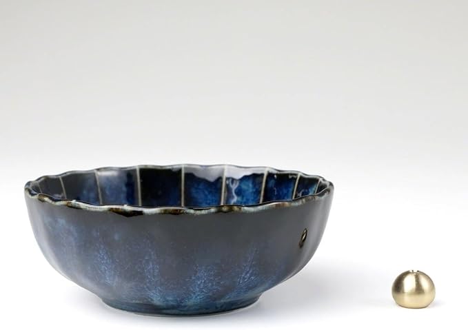 Asayu Japan Lotus Incense Holder for Sticks 4.1 inch (105 mm), Traditional Made in Japan Ceramic Ash Catcher and Brass Incense Burner Set - Navy Dark Blue Lotus