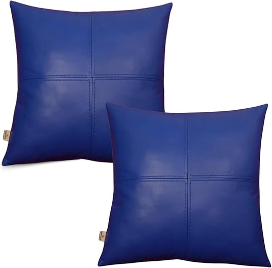 Lambskin Leather Pillow Cover, Hand Panel Stitched Leather Decorative Throw Pillow Covers for Couch Sofa Bed Living Room Garden (18x18 Inches, Deep Blue Pack of 2)