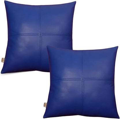 Lambskin Leather Pillow Cover, Hand Panel Stitched Leather Decorative Throw Pillow Covers for Couch Sofa Bed Living Room Garden (22x22 Inches, Deep Blue Pack of 2)