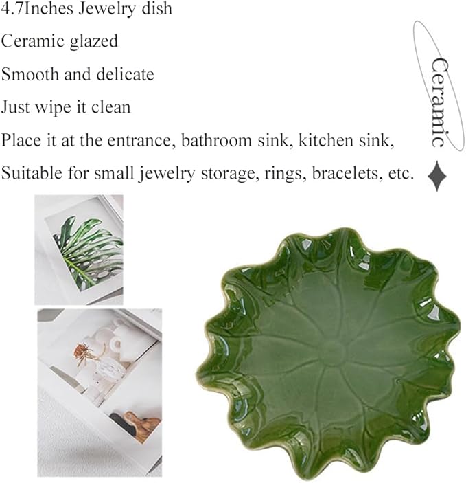 Ceramic Jewelry Tray, Decorative Trinket Dish for Rings Earrings Necklaces Bracelet Watch Keys, Birthday Mother's Day Christmas Thanksgiving Gift for Women, 4.7", Green Lotus Leaves