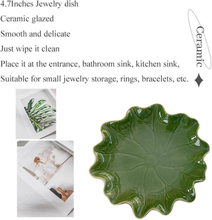 Ceramic Jewelry Tray, Decorative Trinket Dish for Rings Earrings Necklaces Bracelet Watch Keys, Birthday Mother's Day Christmas Thanksgiving Gift for Women, 4.7", Green Lotus Leaves