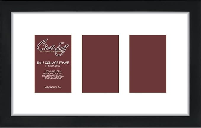 Craig Frames Contemporary, 10x17 Black Picture Frame with White Collage Mat, 3 Openings for 4x6 Prints